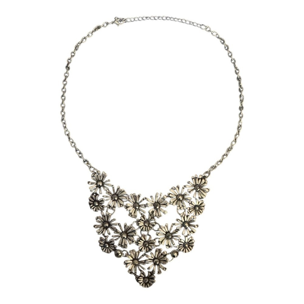Vintage Silver Floral Cluster Necklace Statement Chunky 90’s Y2K Jewelry Flowers